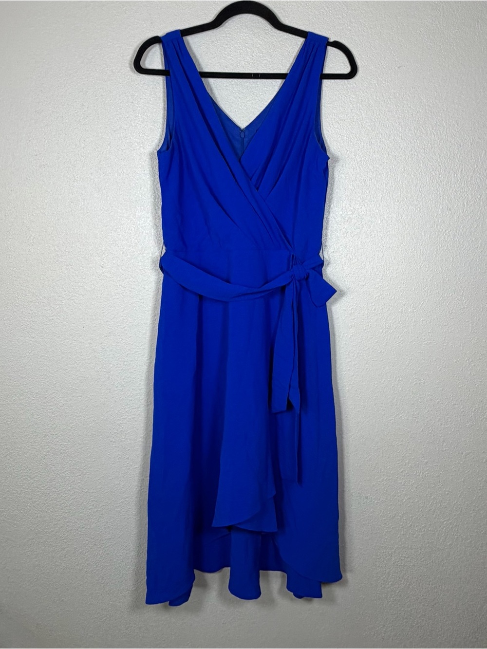 DKNY 6 Royal Blue Faux Wrap Belted Hi Low Midi Dress Minimalist Chic Elegant